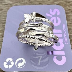 Claire’s Silver Butterfly Crystal Spacer 5 Rings Set